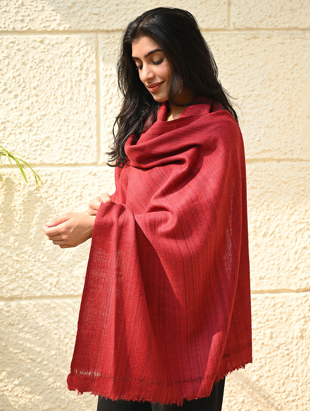 Load image into Gallery viewer, Fine, Soft Himachal Wool Self Striped Plain Stole - Crimson Grove