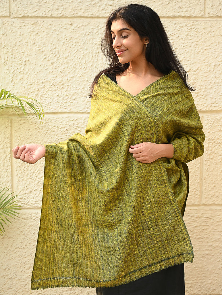 Fine, Soft Himachal Wool Self Striped Plain Stole - Henna Garden