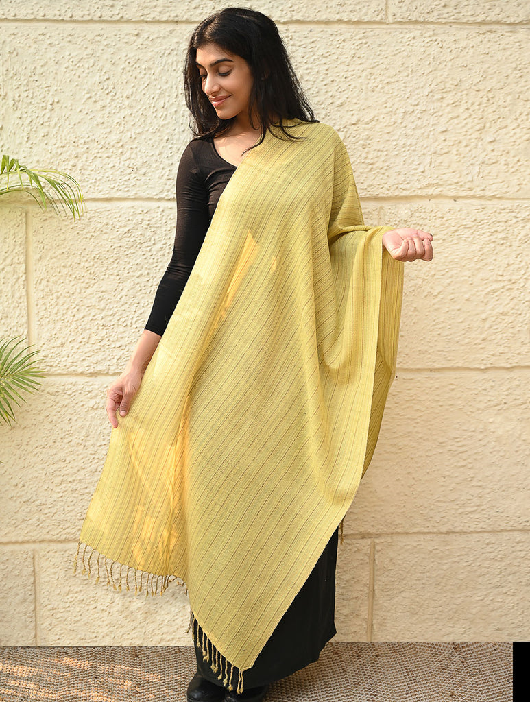 Fine, Soft Himachal Wool Self Striped Plain Stole - Lemon Rays