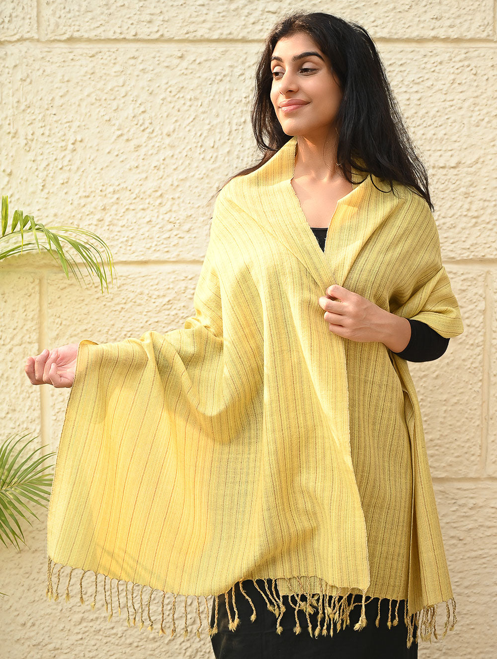 Load image into Gallery viewer, Fine, Soft Himachal Wool Self Striped Plain Stole - Lemon Rays