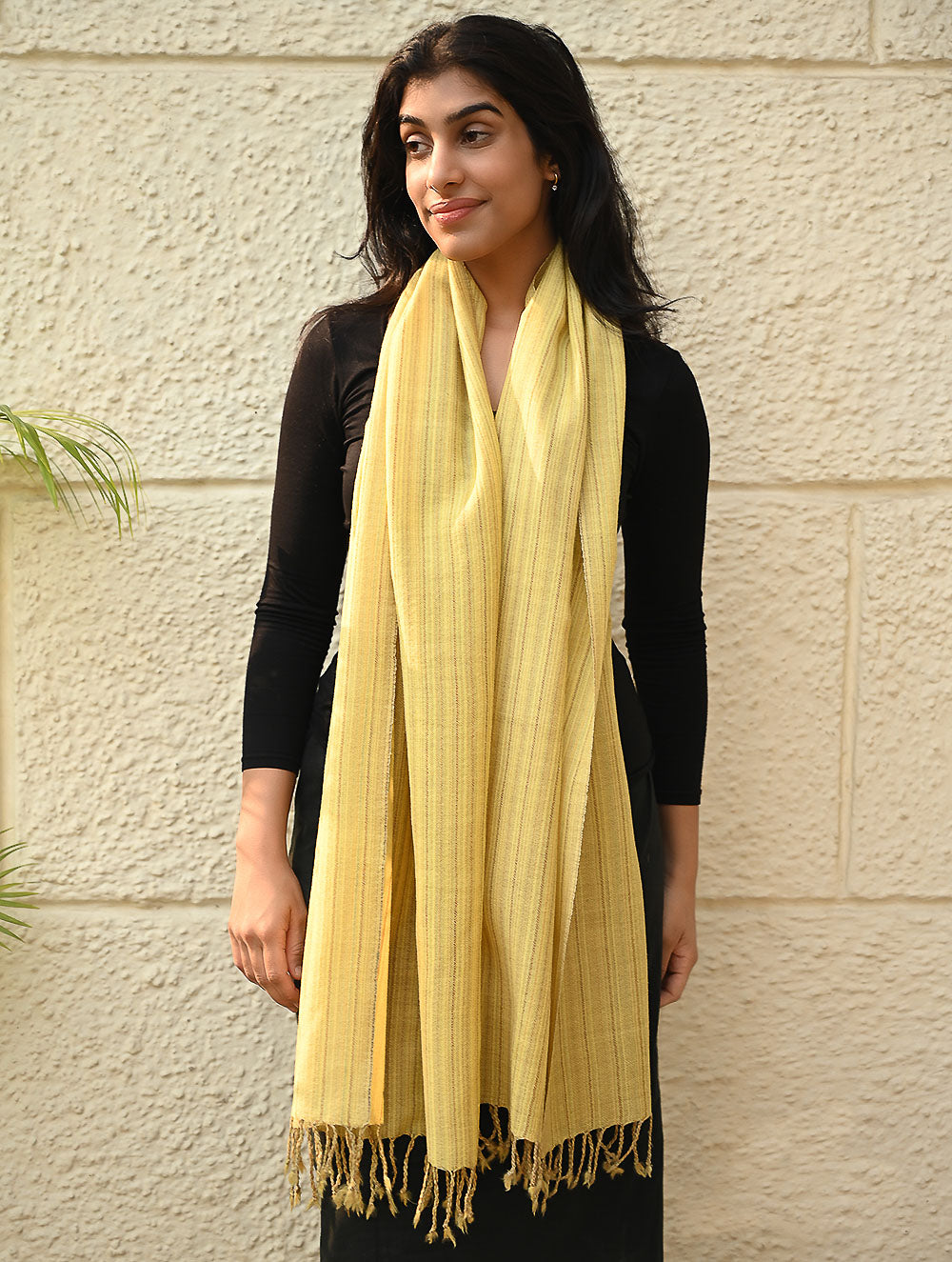 Load image into Gallery viewer, Fine, Soft Himachal Wool Self Striped Plain Stole - Lemon Rays