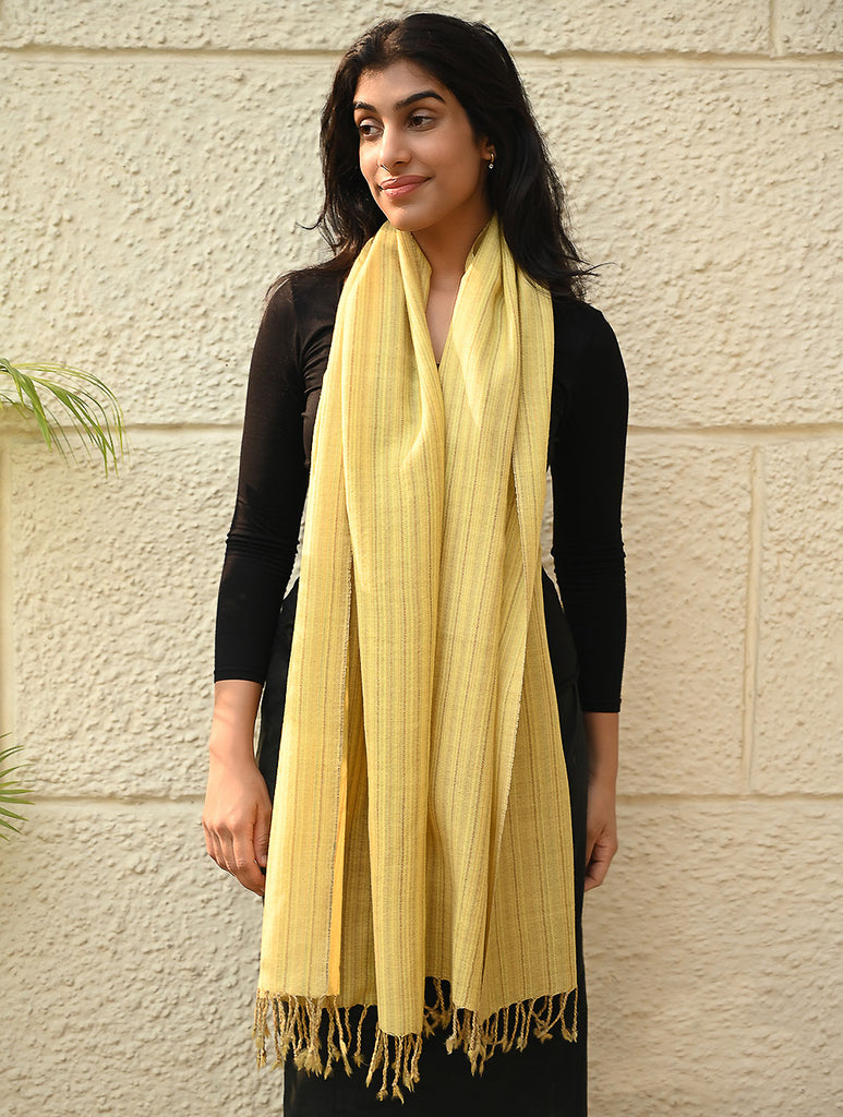 Fine, Soft Himachal Wool Self Striped Plain Stole - Lemon Rays