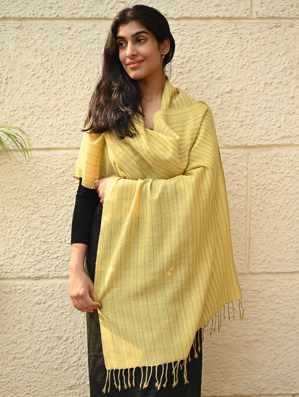 Fine, Soft Himachal Wool Self Striped Plain Stole - Lemon Rays
