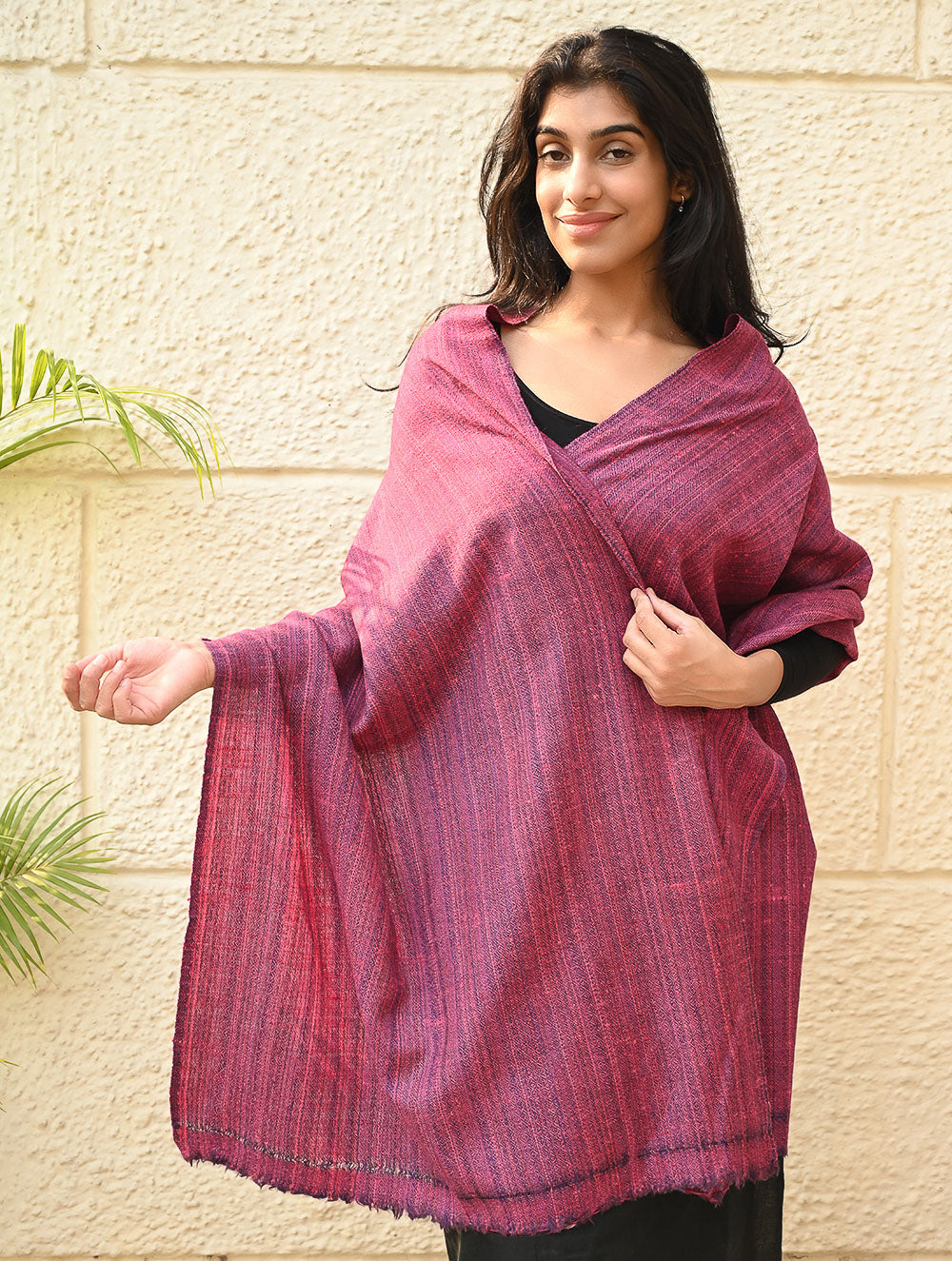 Load image into Gallery viewer, Fine, Soft Himachal Wool Self Striped Plain Stole - Mulberry Stripes