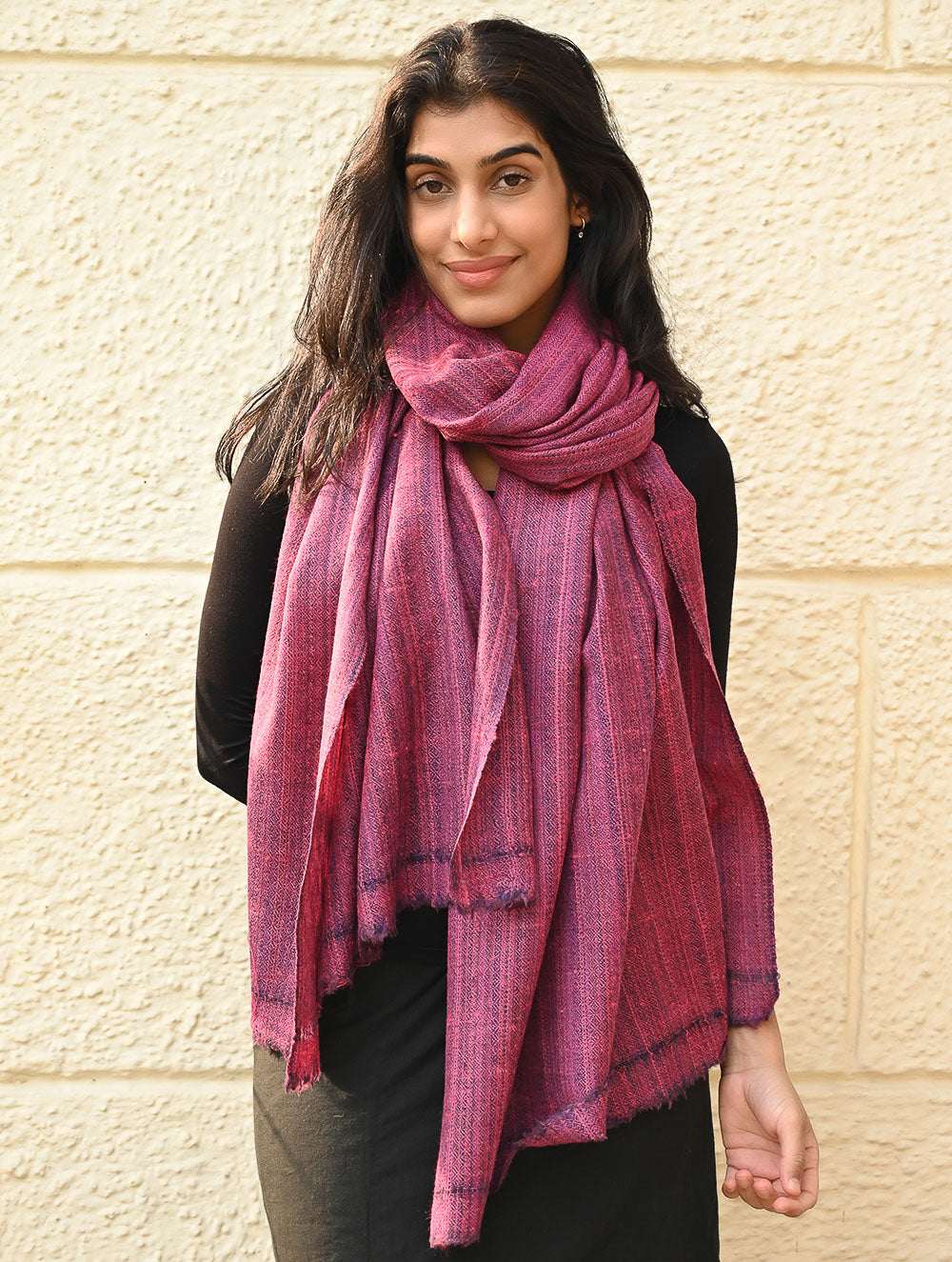 Load image into Gallery viewer, Fine, Soft Himachal Wool Self Striped Plain Stole - Mulberry Stripes