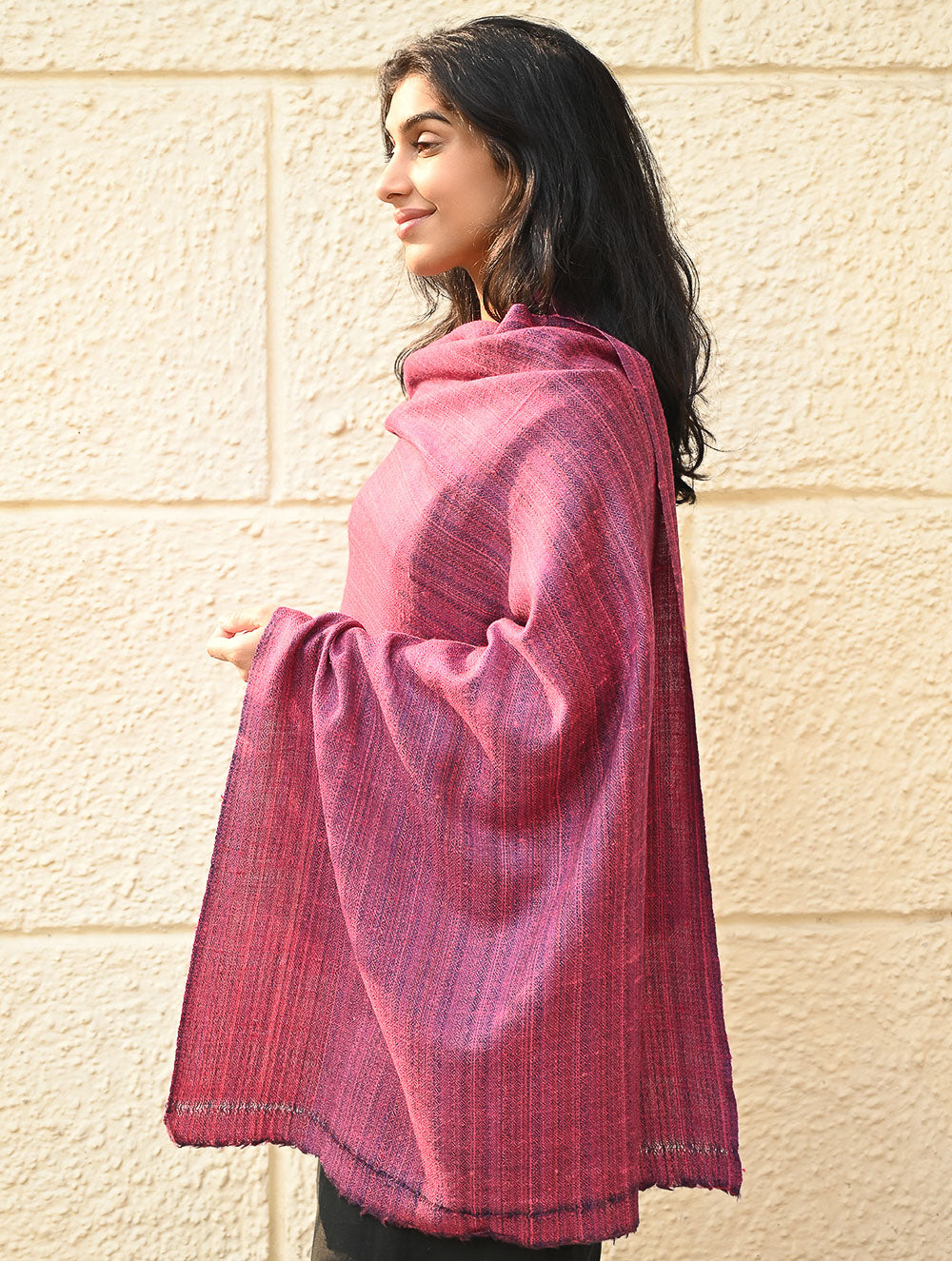 Load image into Gallery viewer, Fine, Soft Himachal Wool Self Striped Plain Stole - Mulberry Stripes