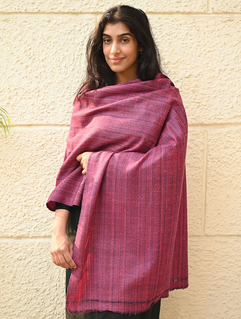 Fine, Soft Himachal Wool Self Striped Plain Stole - Mulberry Stripes