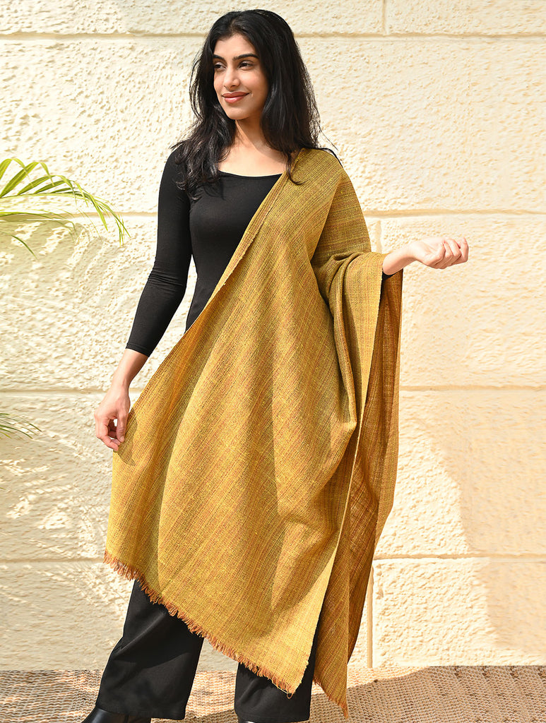 Fine, Soft Himachal Wool Self Striped Plain Stole - Mustard Farm