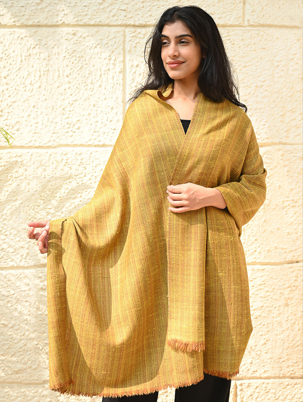 Load image into Gallery viewer, Fine, Soft Himachal Wool Self Striped Plain Stole - Mustard Farm