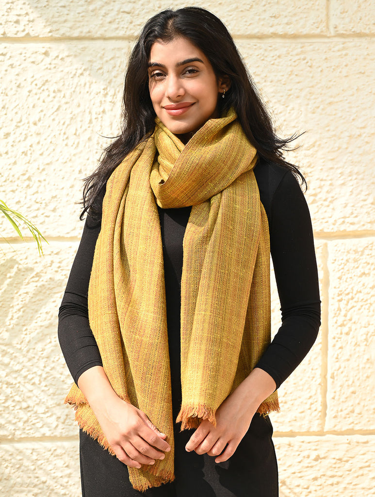 Fine, Soft Himachal Wool Self Striped Plain Stole - Mustard Farm