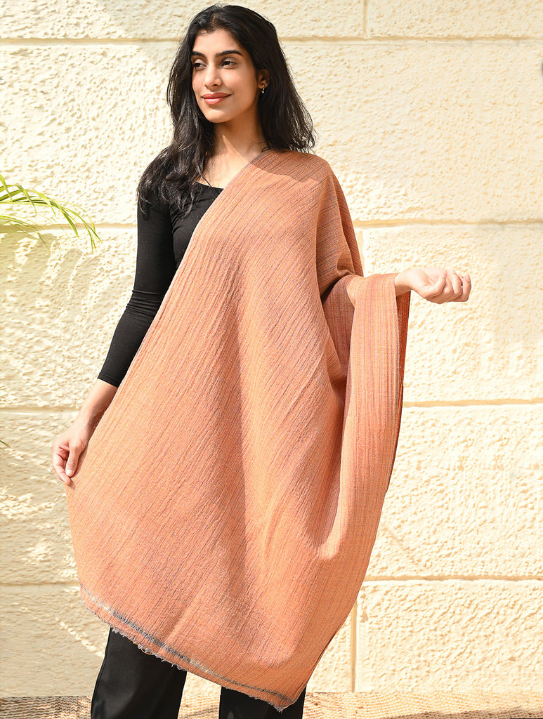 Fine, Soft Himachal Wool Self Striped Plain Stole - Peach Plain