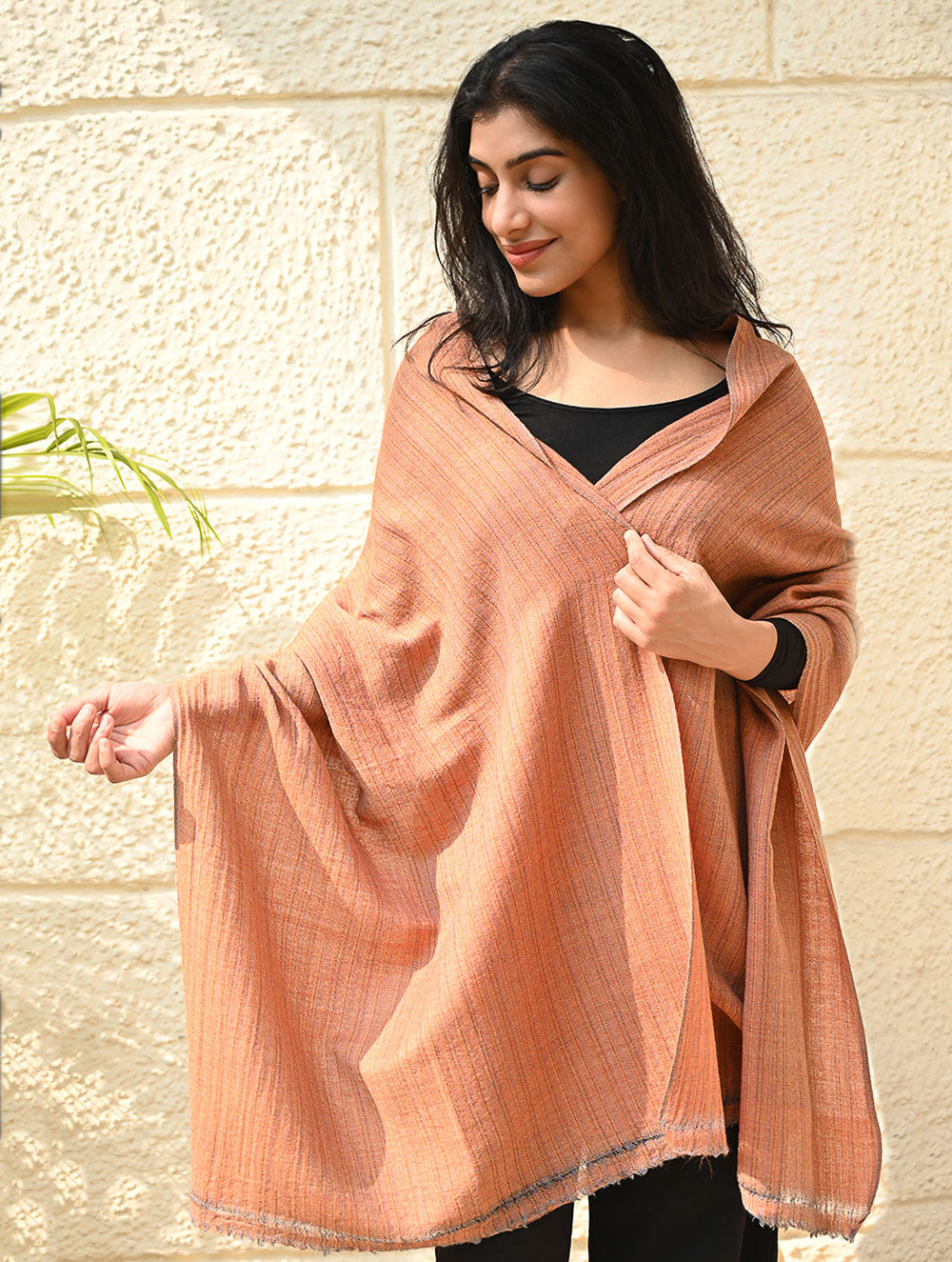 Load image into Gallery viewer, Fine, Soft Himachal Wool Self Striped Plain Stole - Peach Plain
