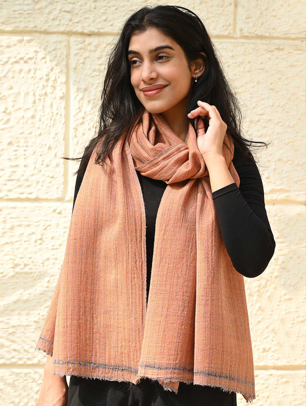 Load image into Gallery viewer, Fine, Soft Himachal Wool Self Striped Plain Stole - Peach Plain