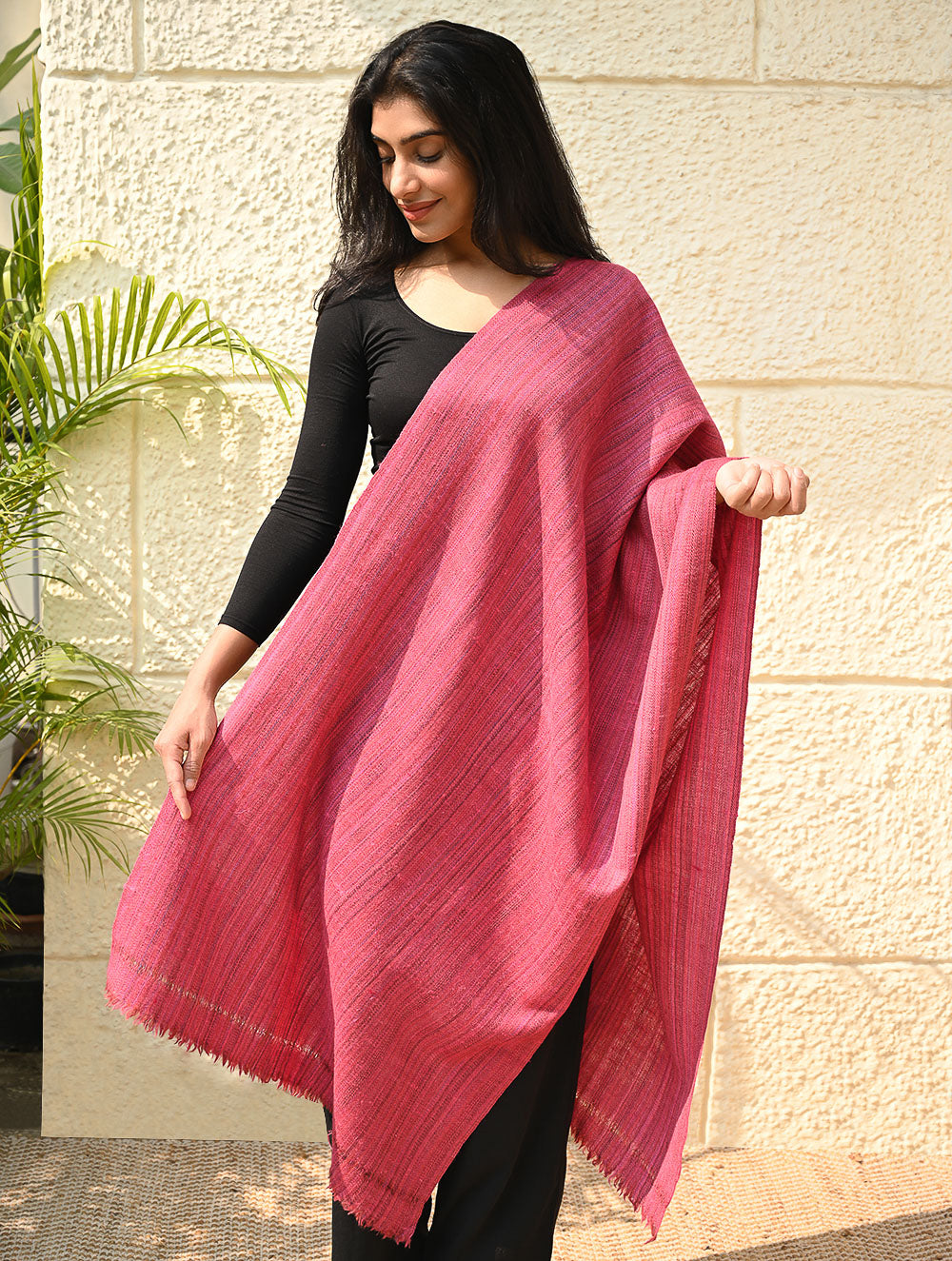 Load image into Gallery viewer, Fine, Soft Himachal Wool Self Striped Plain Stole - Rosy Stripes