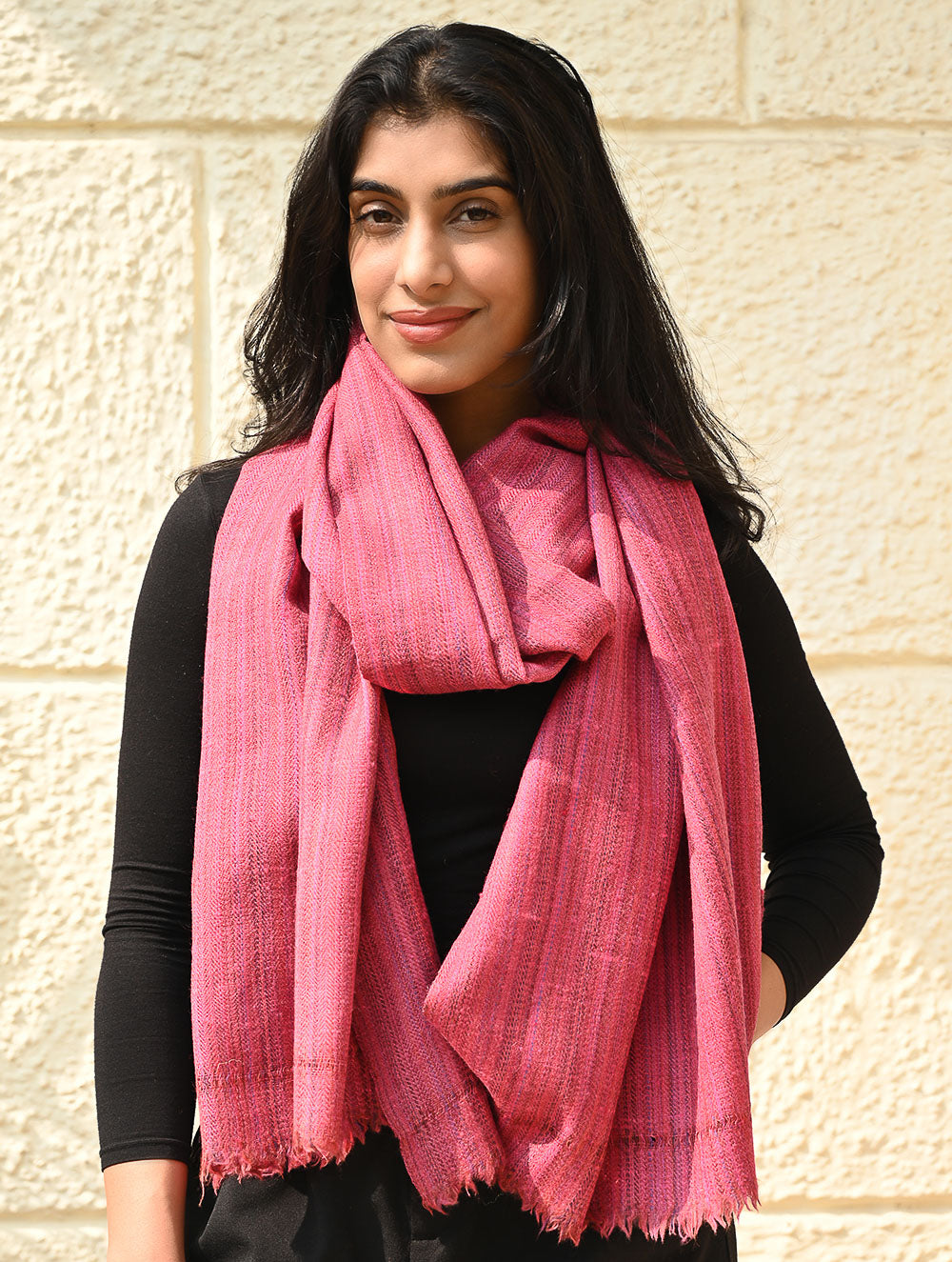 Load image into Gallery viewer, Fine, Soft Himachal Wool Self Striped Plain Stole - Rosy Stripes
