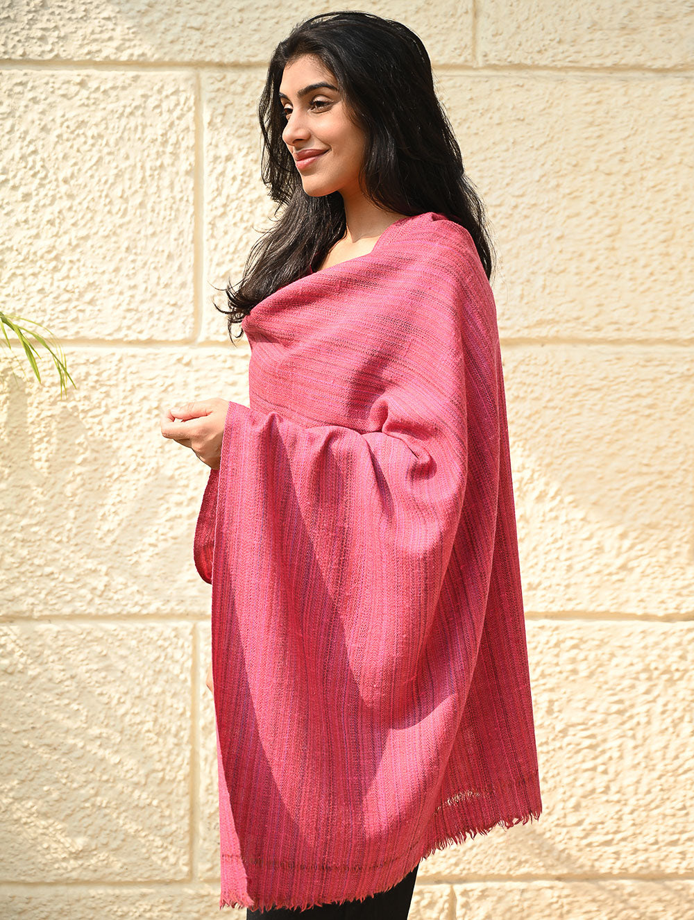 Load image into Gallery viewer, Fine, Soft Himachal Wool Self Striped Plain Stole - Rosy Stripes