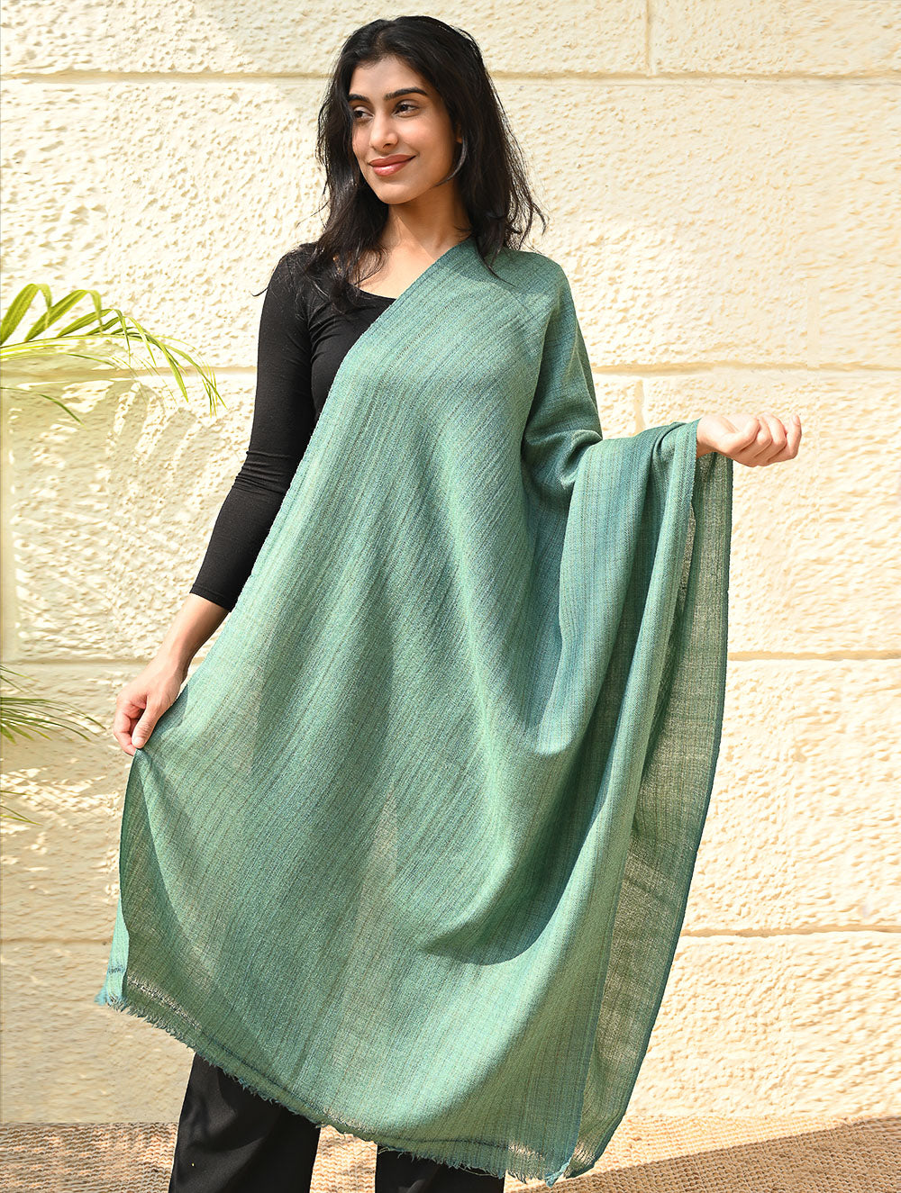 Load image into Gallery viewer, Fine, Soft Himachal Wool Self Striped Plain Stole - Sea Green