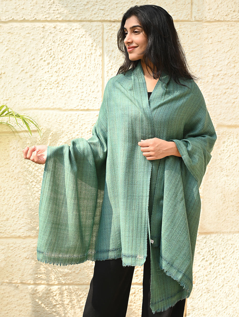 Load image into Gallery viewer, Fine, Soft Himachal Wool Self Striped Plain Stole - Sea Green