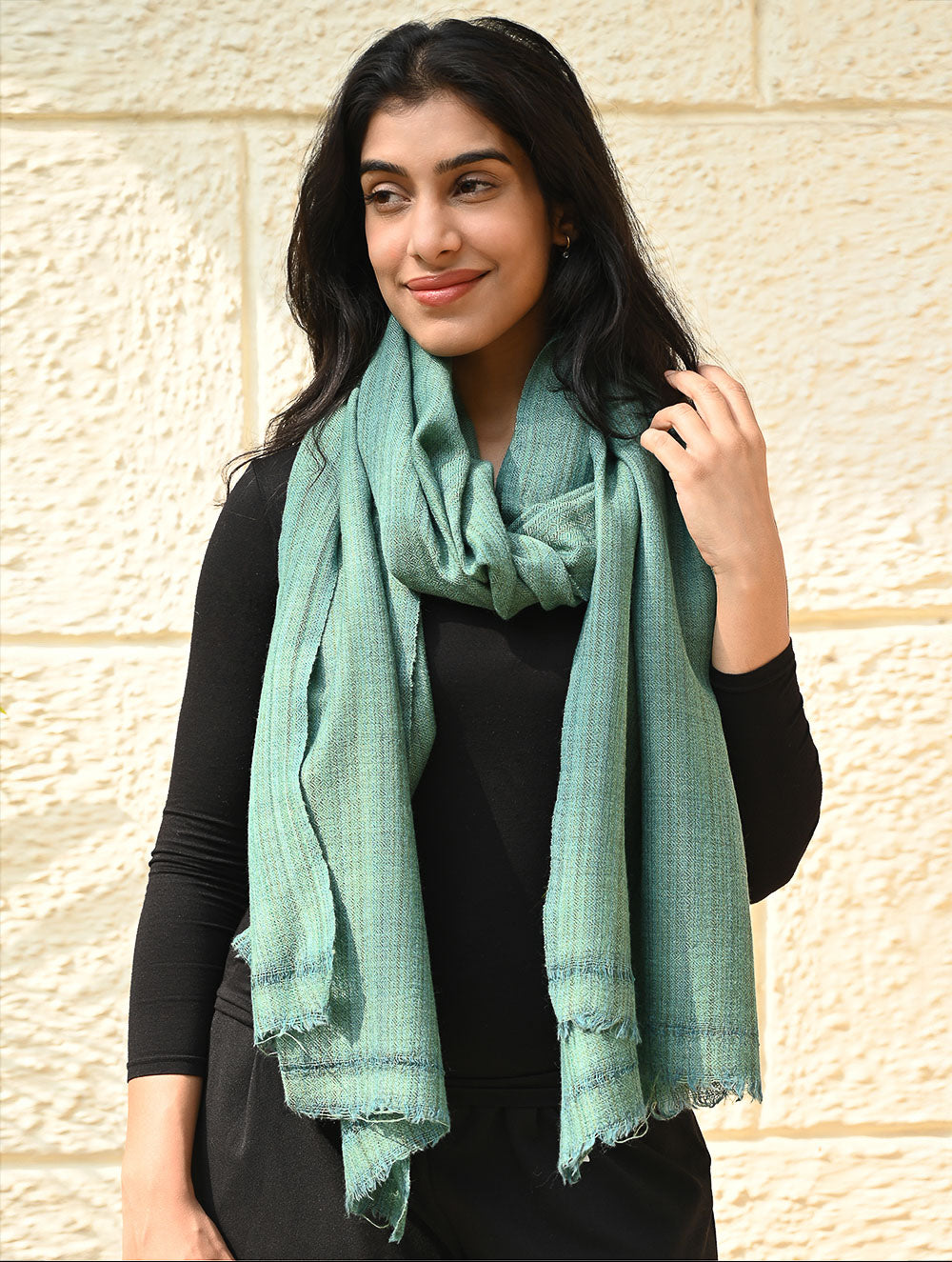 Load image into Gallery viewer, Fine, Soft Himachal Wool Self Striped Plain Stole - Sea Green
