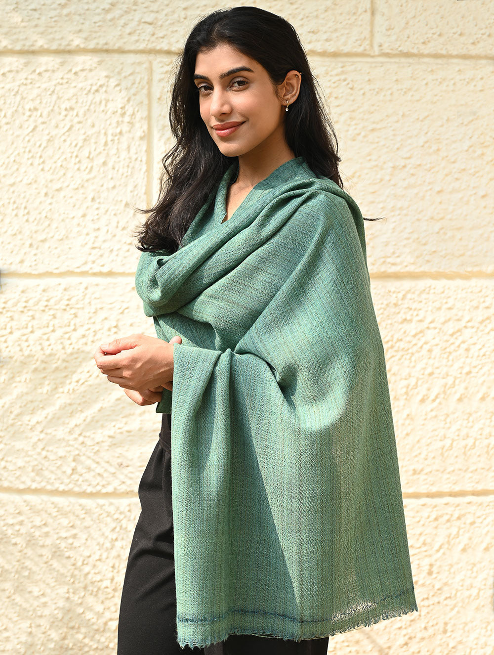 Load image into Gallery viewer, Fine, Soft Himachal Wool Self Striped Plain Stole - Sea Green