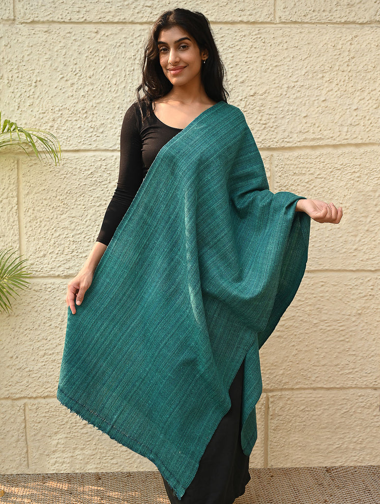 Fine, Soft Himachal Wool Self Striped Plain Stole - Teal Stripes