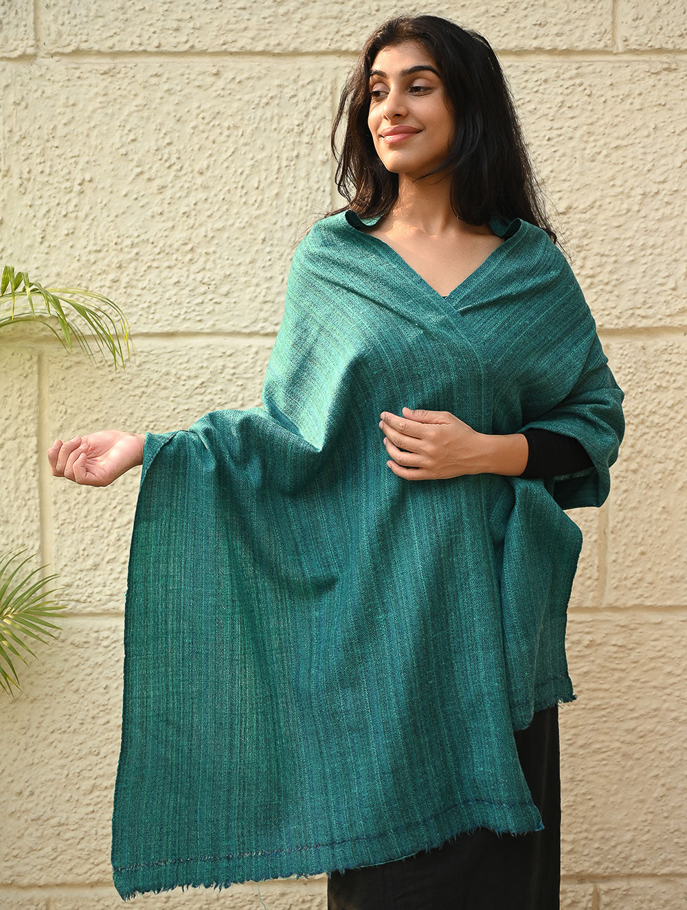 Load image into Gallery viewer, Fine, Soft Himachal Wool Self Striped Plain Stole - Teal Stripes