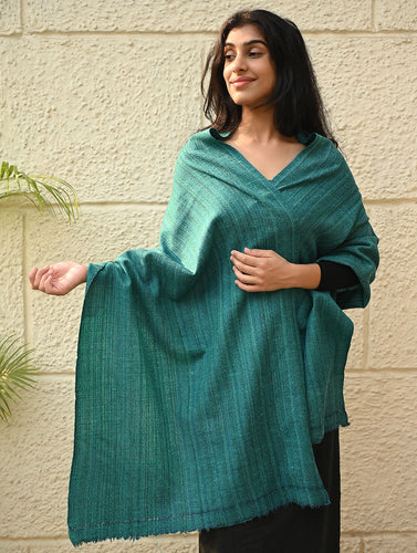 Fine, Soft Himachal Wool Self Striped Plain Stole - Teal Stripes