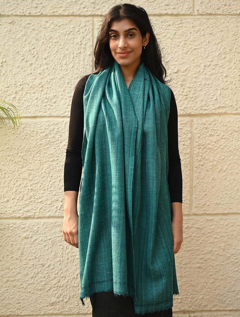 Fine, Soft Himachal Wool Self Striped Plain Stole - Teal Stripes