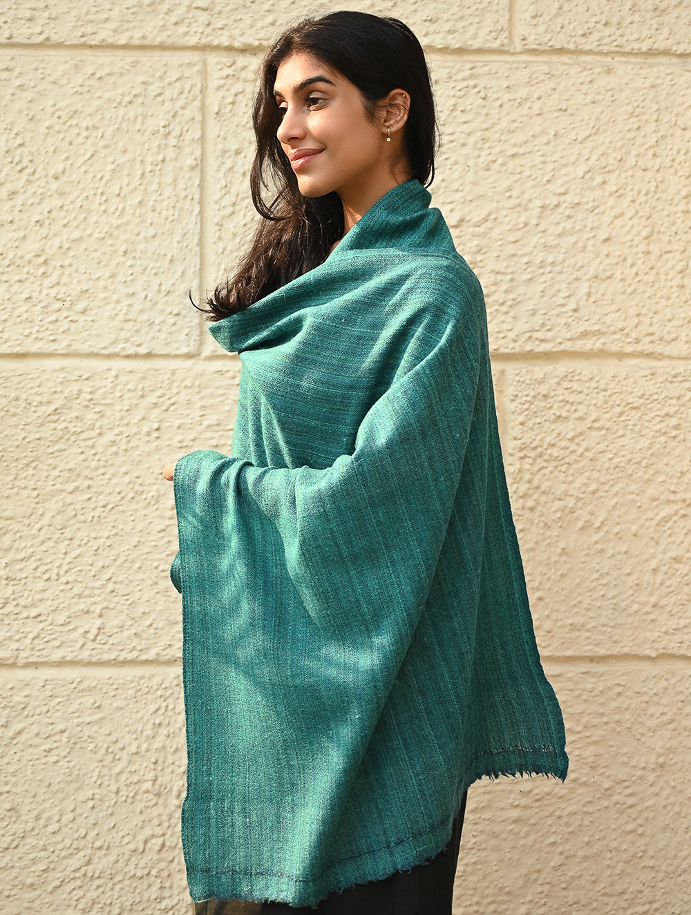 Load image into Gallery viewer, Fine, Soft Himachal Wool Self Striped Plain Stole - Teal Stripes