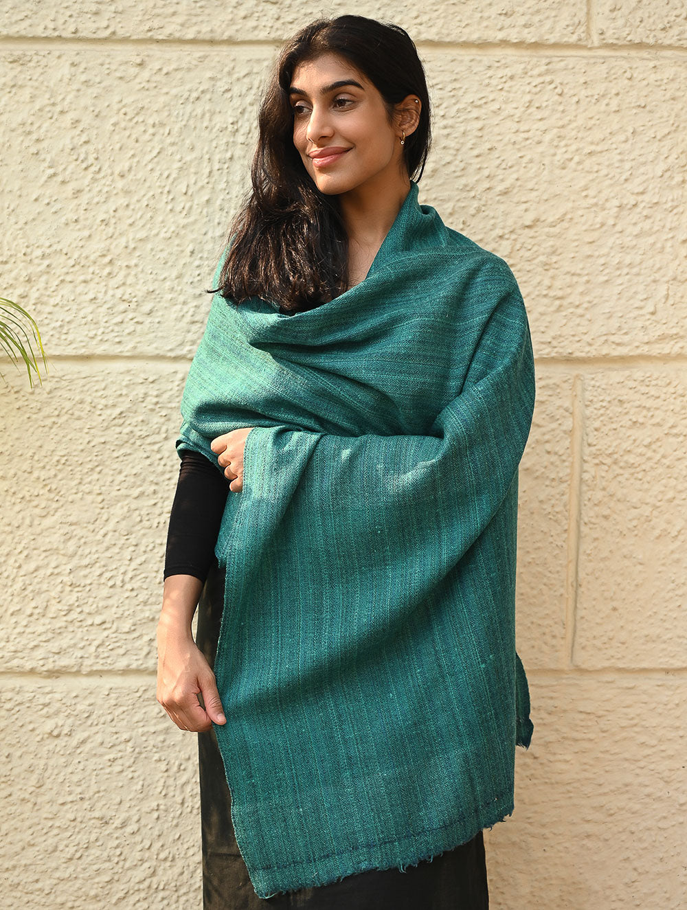 Load image into Gallery viewer, Fine, Soft Himachal Wool Self Striped Plain Stole - Teal Stripes