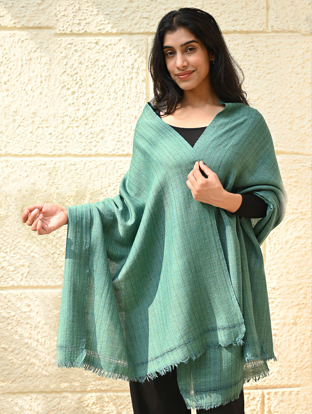 Load image into Gallery viewer, Fine, Soft Himachal Wool Self Striped Plain Stole - Turquoise Plain