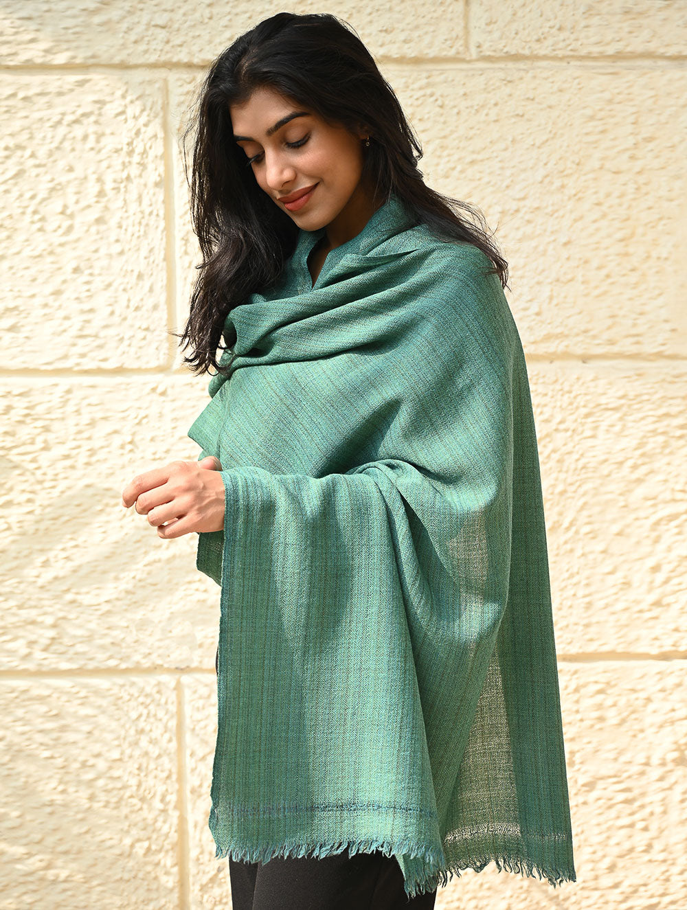 Load image into Gallery viewer, Fine, Soft Himachal Wool Self Striped Plain Stole - Turquoise Plain