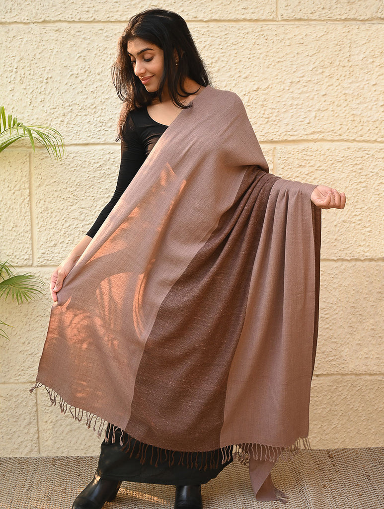 Fine, Soft Himachal Wool Self Striped Shawl - Caramel and Cream