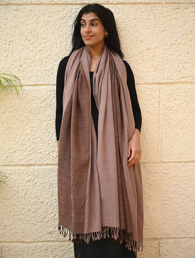 Fine, Soft Himachal Wool Self Striped Shawl - Caramel and Cream