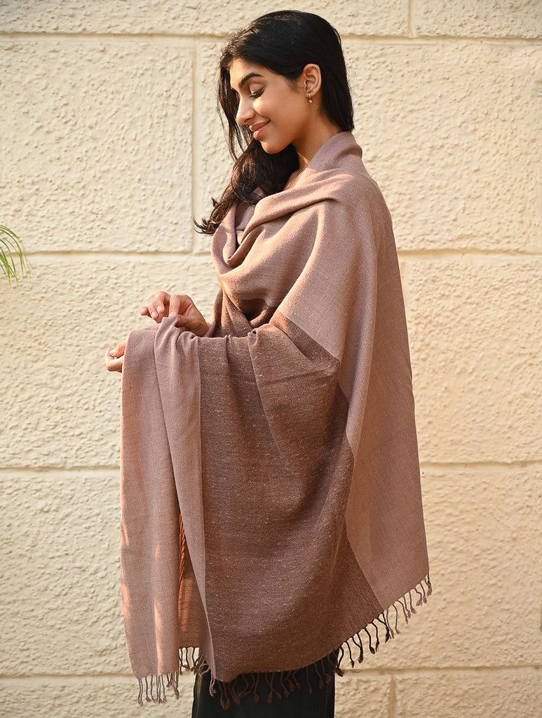Fine, Soft Himachal Wool Self Striped Shawl - Caramel and Cream