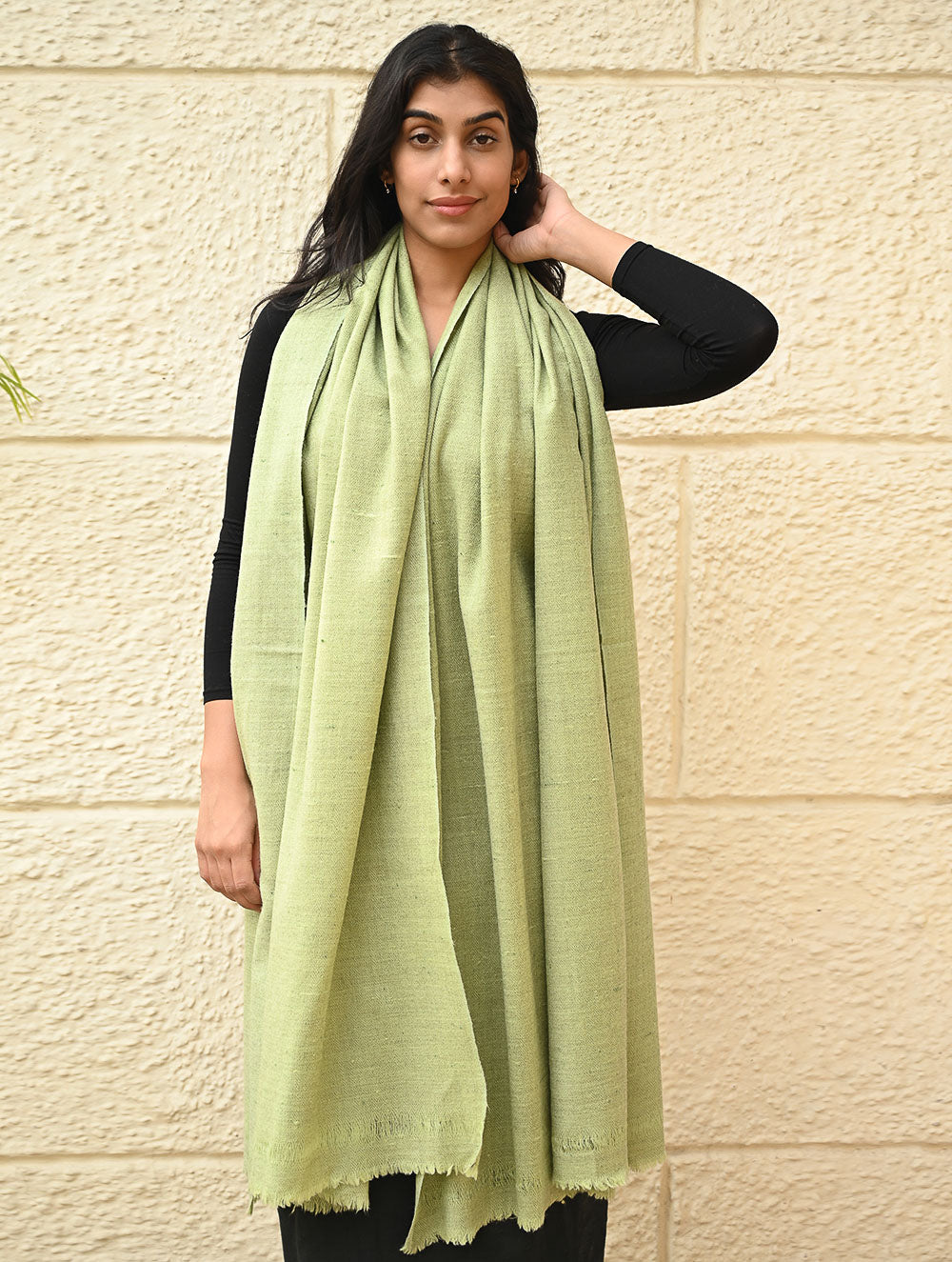 Load image into Gallery viewer, Fine, Soft Himachal Wool Self Striped Shawl - Mist Green