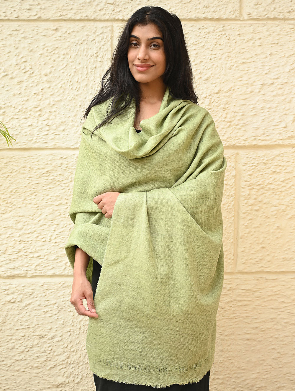Load image into Gallery viewer, Fine, Soft Himachal Wool Self Striped Shawl - Mist Green