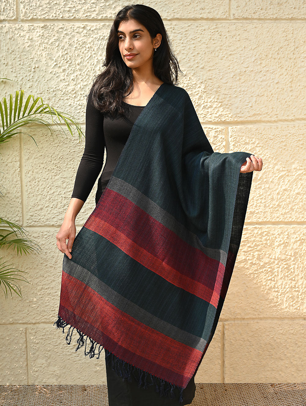 Load image into Gallery viewer, Fine, Soft Himachal Wool Self Striped Stole - Ashen Blue