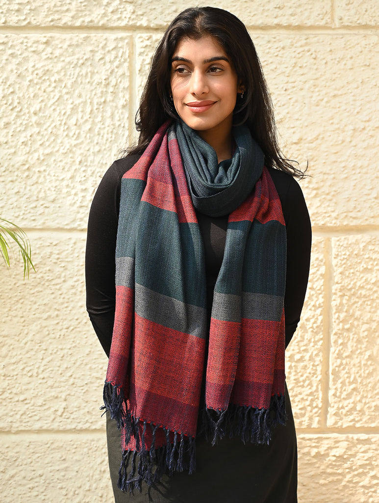 Fine, Soft Himachal Wool Self Striped Stole - Ashen Blue