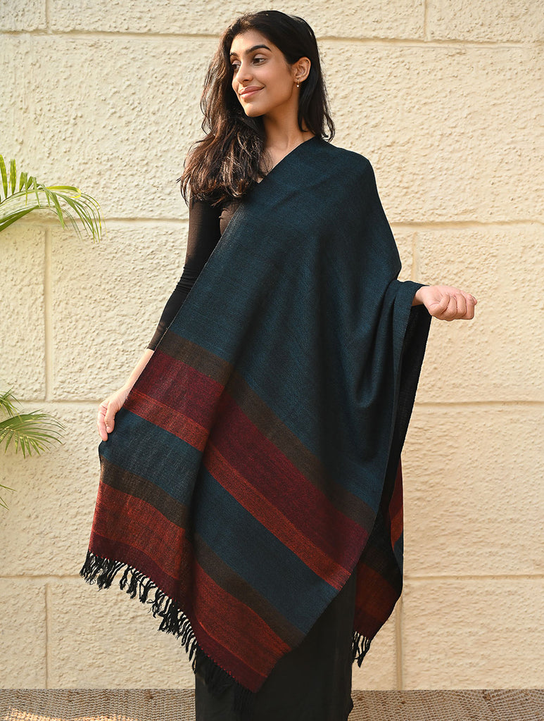 Fine, Soft Himachal Wool Self Striped Stole - Cobalt Haze
