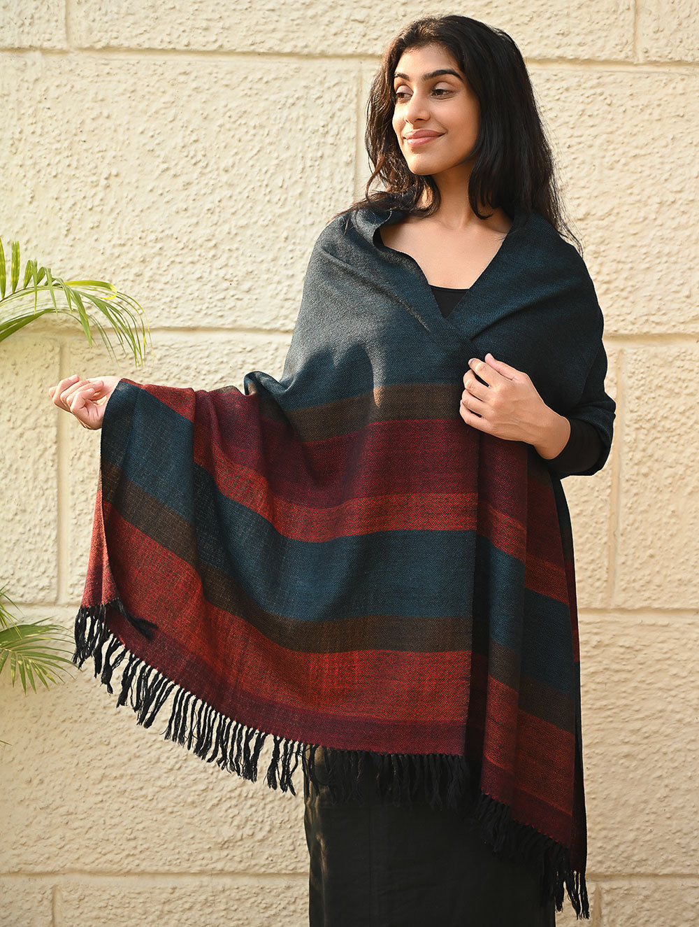 Load image into Gallery viewer, Fine, Soft Himachal Wool Self Striped Stole - Cobalt Haze