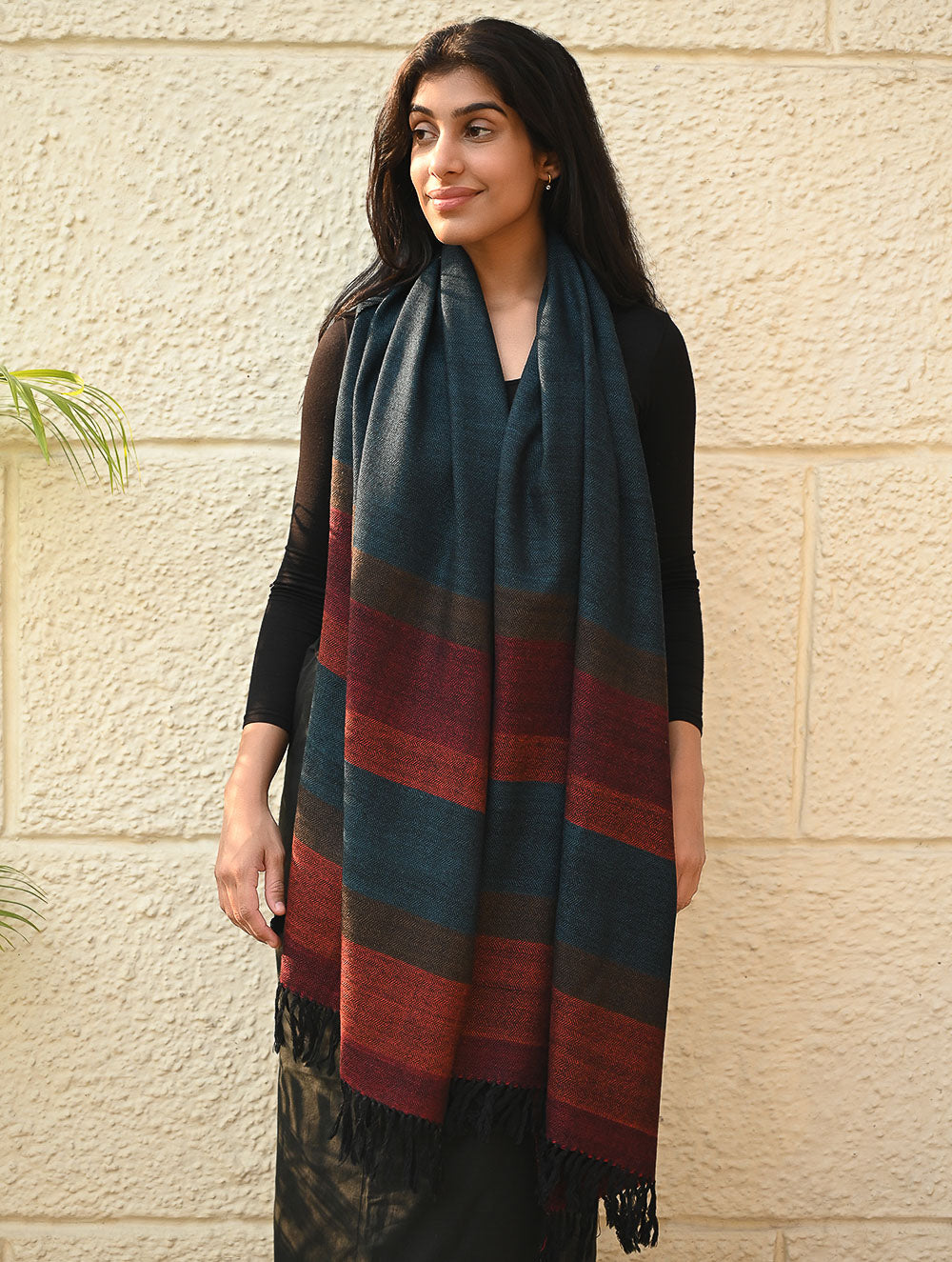 Load image into Gallery viewer, Fine, Soft Himachal Wool Self Striped Stole - Cobalt Haze