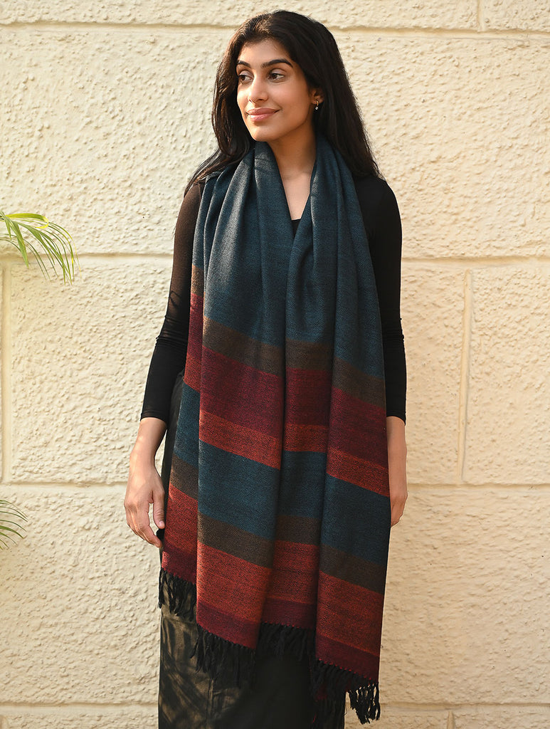 Fine, Soft Himachal Wool Self Striped Stole - Cobalt Haze