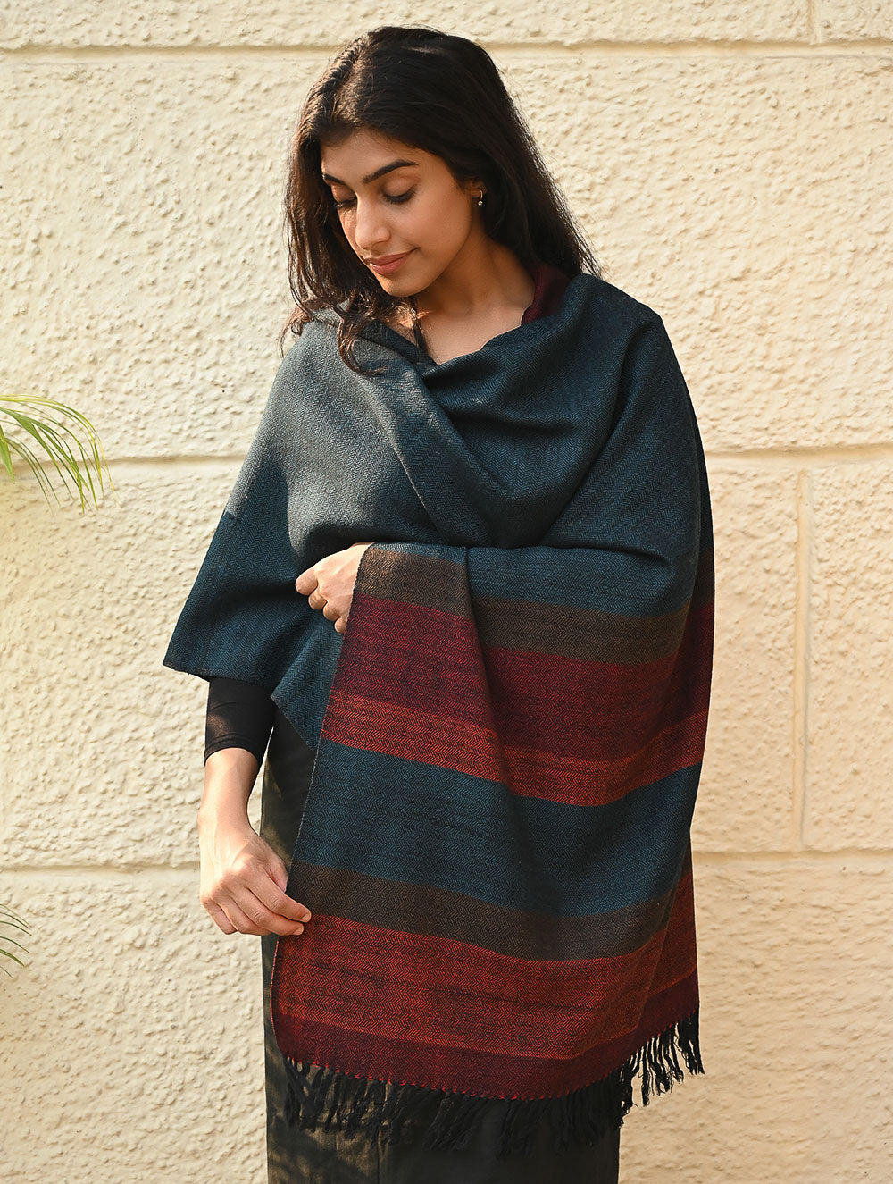 Load image into Gallery viewer, Fine, Soft Himachal Wool Self Striped Stole - Cobalt Haze