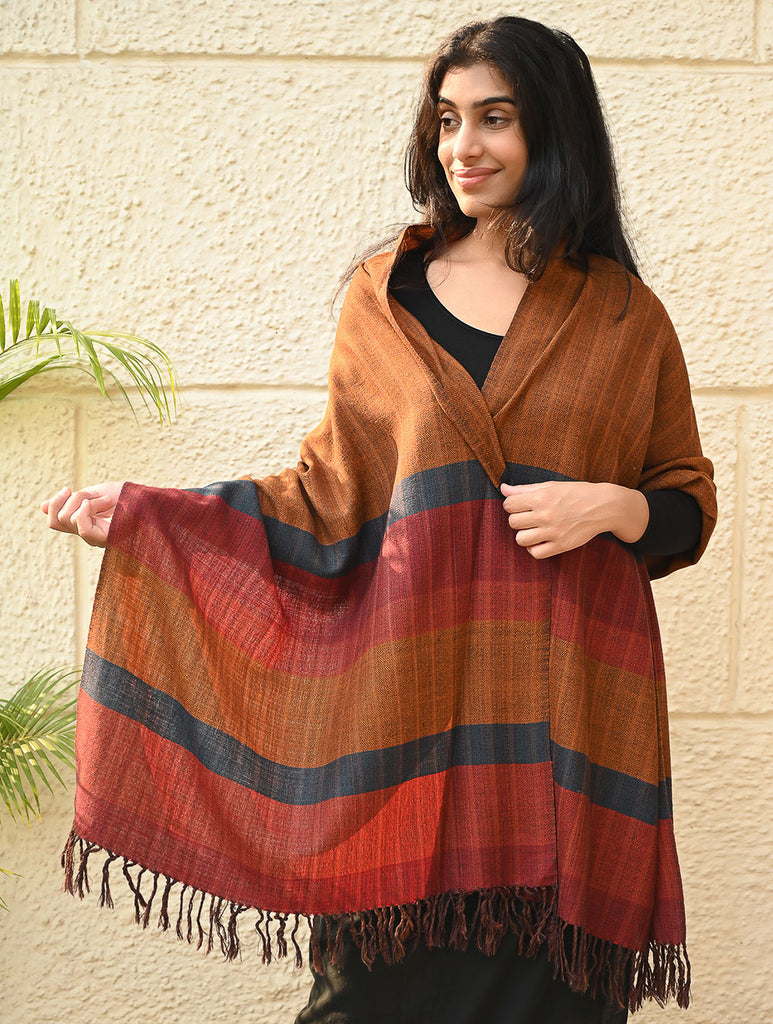 Fine, Soft Himachal Wool Self Striped Stole - Golden Dawn