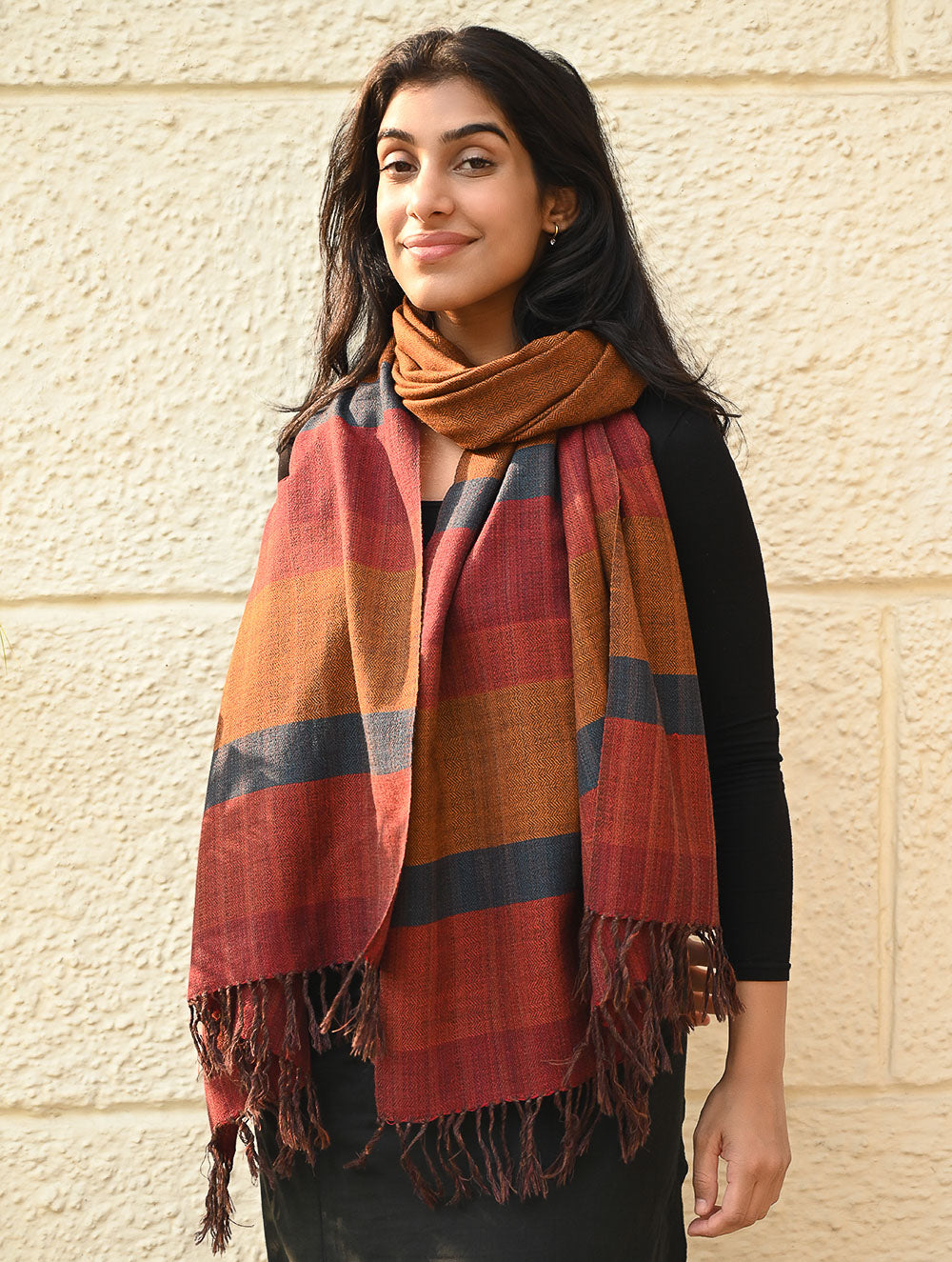 Load image into Gallery viewer, Fine, Soft Himachal Wool Self Striped Stole - Golden Dawn