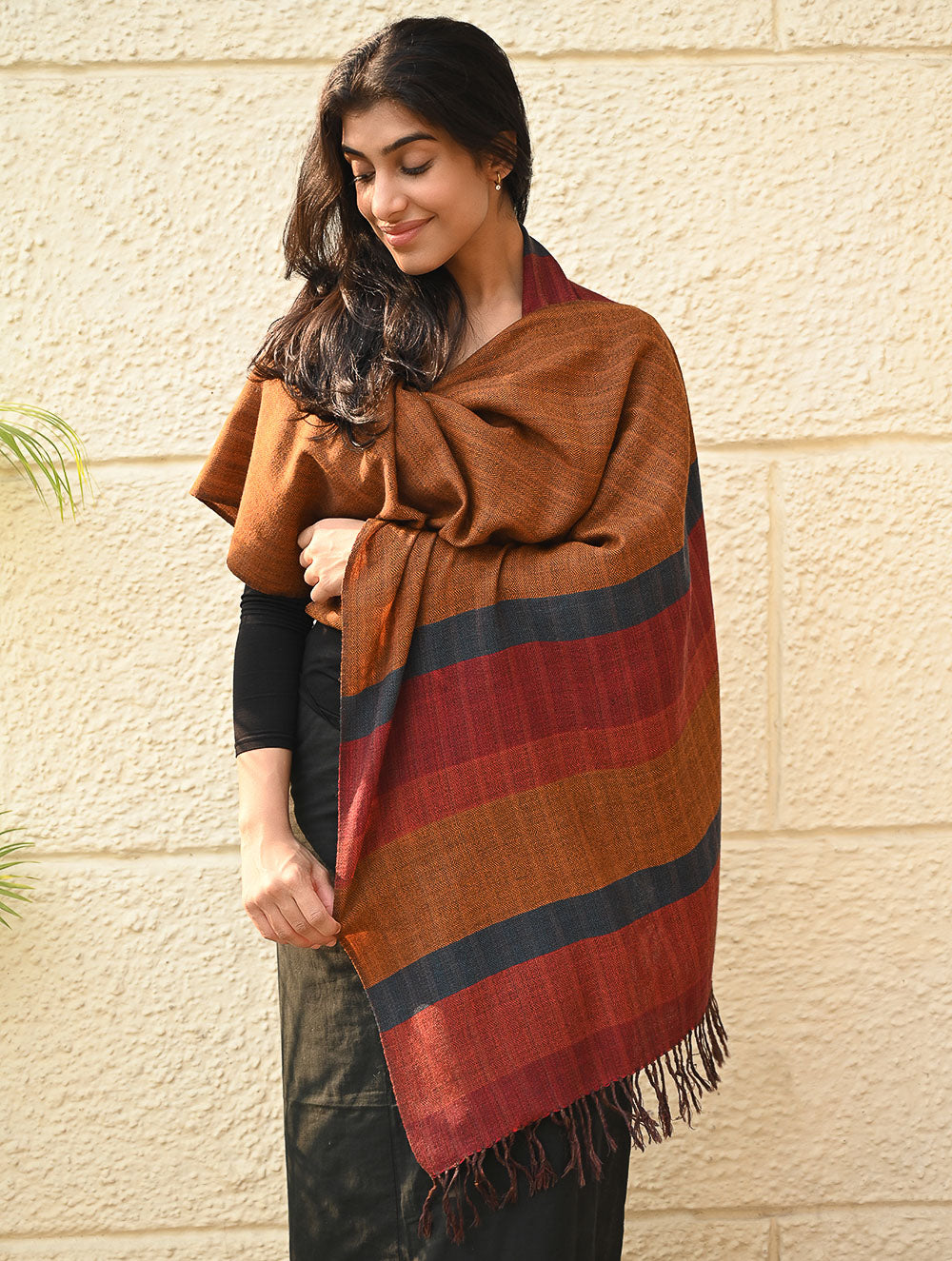 Load image into Gallery viewer, Fine, Soft Himachal Wool Self Striped Stole - Golden Dawn