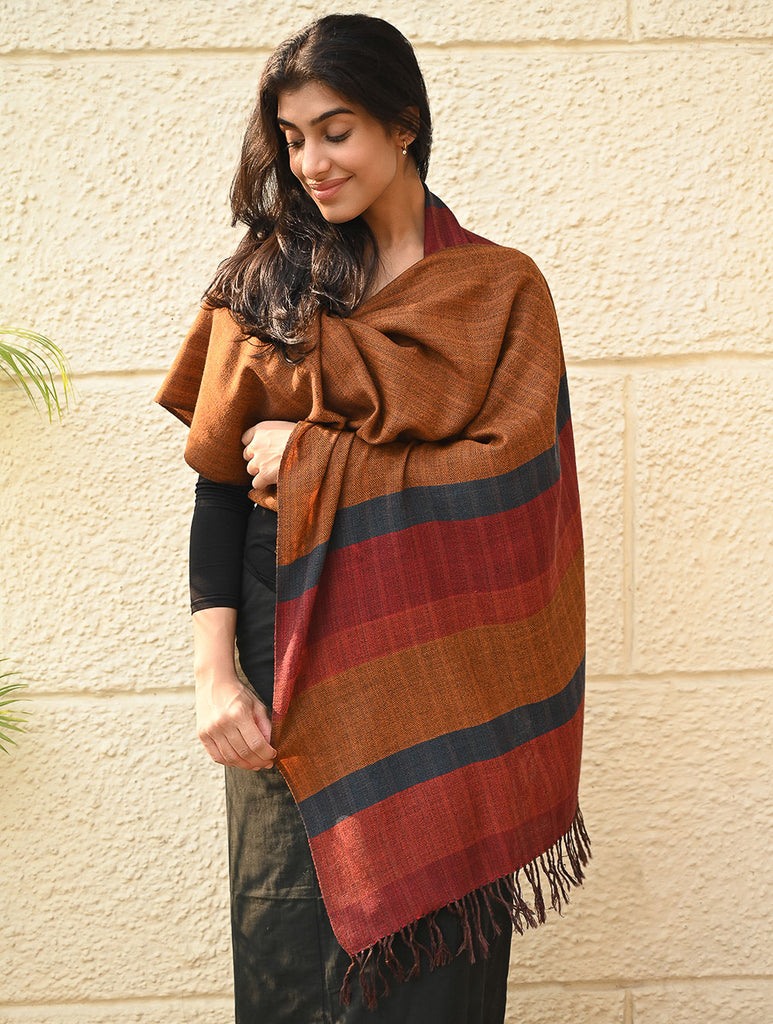 Fine, Soft Himachal Wool Self Striped Stole - Golden Dawn