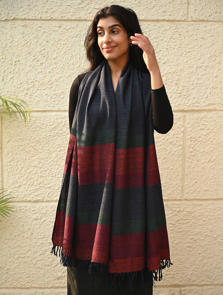 Fine, Soft Himachal Wool Self Striped Stole - Grey Dusk