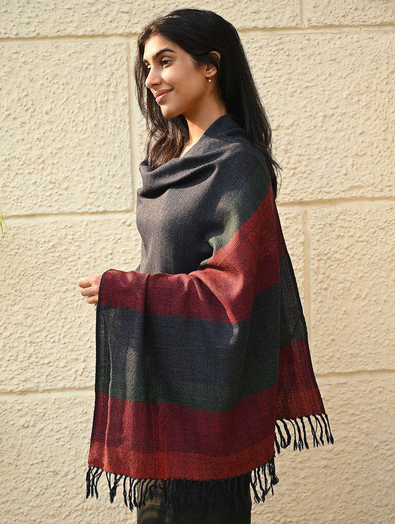 Fine, Soft Himachal Wool Self Striped Stole - Grey Dusk